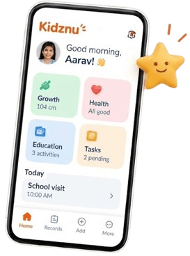 Kidznu app showing growth, health, education and tasks